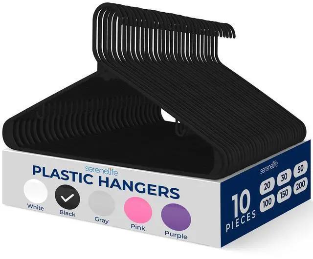 Main image of SereneLife 10 Pcs Non-Slip Plastic Hangers  Heavy Duty Coat Hanger Set with 360° Swivel Hook for Clothes (Black)