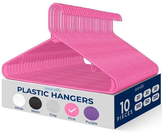 Main image of SereneLife 10 Pcs Non-Slip Plastic Hangers  Heavy Duty Coat Hanger Set with 360° Swivel Hook for Clothes (Pink)