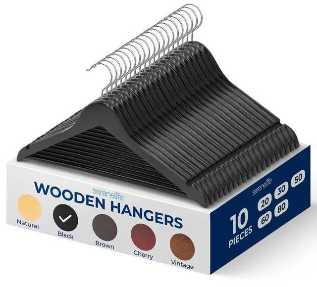 Main image of SereneLife 10 Pcs Wooden Hangers  Non-Slip, Sturdy, and Heavy Duty Suit Hanger Set with Chrome 360° Swivel Hook and Notches Design for Clothes (Black)