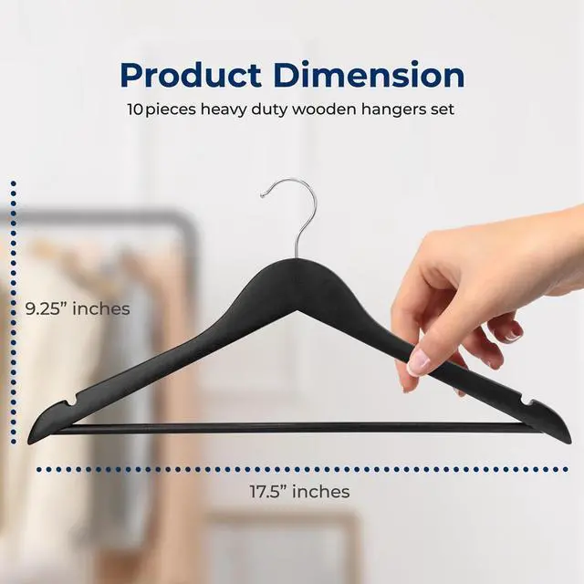 Alt view image 2 of 7 - SereneLife 10 Pcs Wooden Hangers  Non-Slip, Sturdy, and Heavy Duty Suit Hanger Set with Chrome 360° Swivel Hook and Notches Design for Clothes (Black)