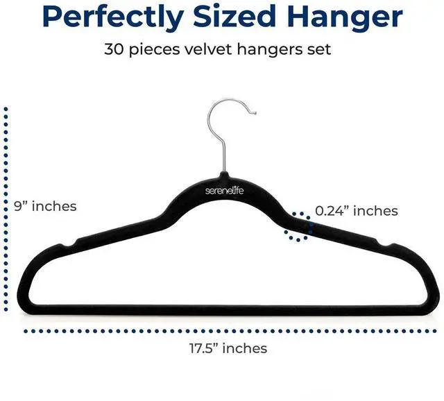 Alt view image 7 of 7 - SereneLife 30 Pcs Velvet Non-Slip Hangers  Heavy Duty Coat Hanger Set with 360° Swivel Hook for Clothes (Black)