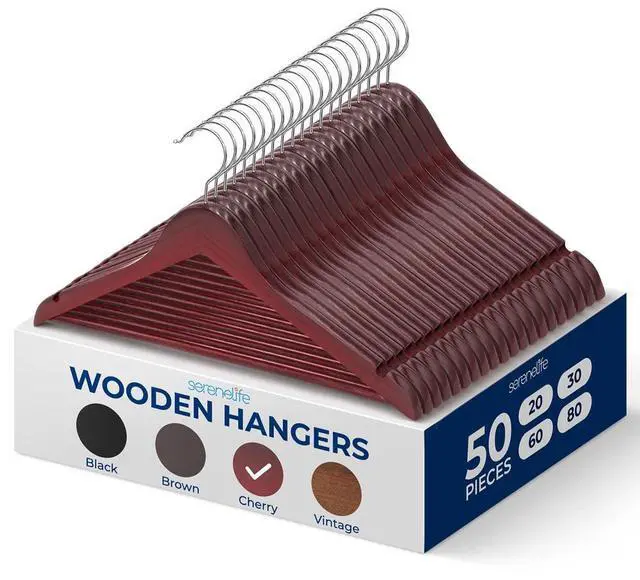 Main image of SereneLife 50 Pcs Wooden Hangers  Non-Slip, Sturdy, and Heavy Duty Suit Hanger Set with Chrome 360° Swivel Hook and Notches Design for Clothes (Cherry)