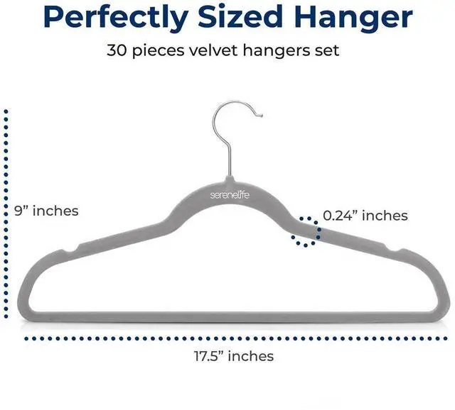 Alt view image 6 of 6 - SereneLife 30 Pcs Velvet Non-Slip Hangers  Heavy Duty Coat Hanger Set with 360° Swivel Hook for Clothes (Gray)