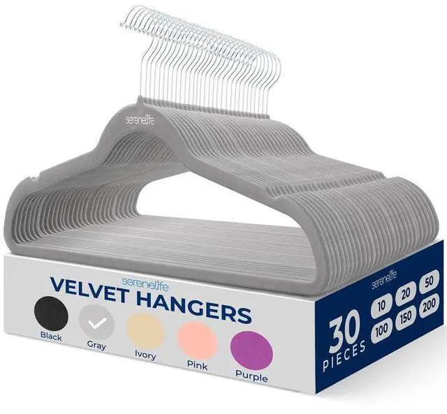 Main image of SereneLife 30 Pcs Velvet Non-Slip Hangers  Heavy Duty Coat Hanger Set with 360° Swivel Hook for Clothes (Gray)