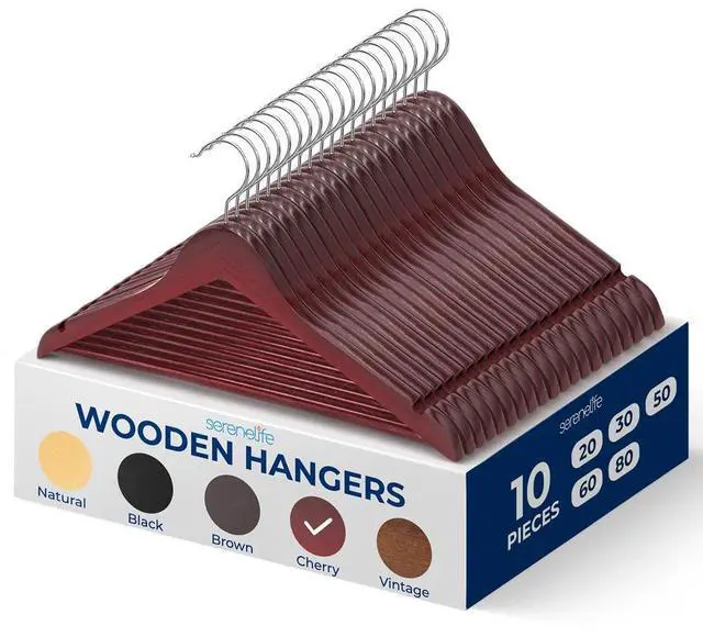 Main image of SereneLife 10 Pcs Cherry Wooden Non-Slip Clothes Hangers  Heavy Duty Suit Hanger Set with 360° Swivel Hook and Pants Bar
