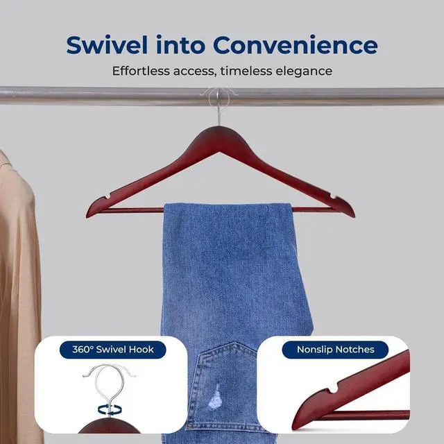 Alt view image 3 of 7 - SereneLife 10 Pcs Cherry Wooden Non-Slip Clothes Hangers  Heavy Duty Suit Hanger Set with 360° Swivel Hook and Pants Bar