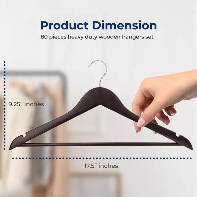 Alt view image 4 of 7 - SereneLife 80 Pcs Brown Wooden Non-Slip Clothes Hangers  Heavy Duty Suit Hanger Set with 360° Swivel Hook and Pants Bar