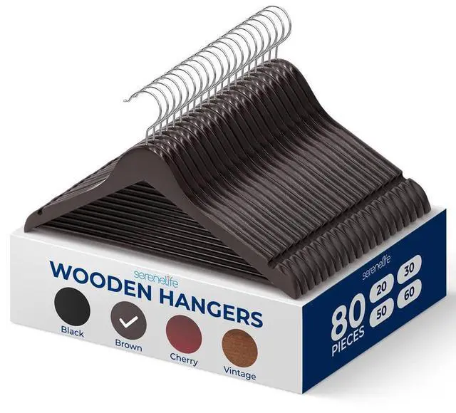 Main image of SereneLife 80 Pcs Brown Wooden Non-Slip Clothes Hangers  Heavy Duty Suit Hanger Set with 360° Swivel Hook and Pants Bar