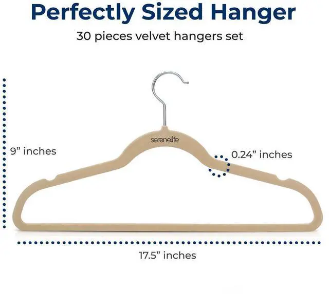 Alt view image 7 of 7 - SereneLife Velvet Hangers, Non-Slip Heavy Duty Coat Hanger Set, 360° Swivel Hook, Space-Saving, 30 Pack, Ivory