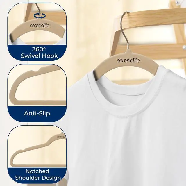Alt view image 3 of 7 - SereneLife Velvet Hangers, Non-Slip Heavy Duty Coat Hanger Set, 360° Swivel Hook, Space-Saving, 30 Pack, Ivory