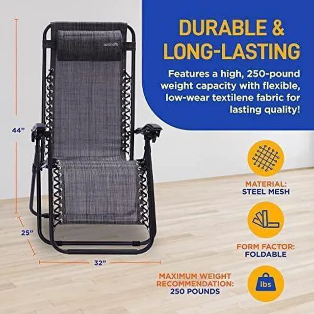 Alt view image 5 of 7 - SereneLife Outdoor Adjustable Zero Gravity Lounge Chair Set with Side Table - Gray - 2-Pack, Padded Headrest, Cup Holders