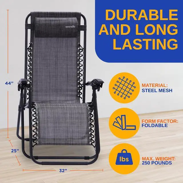 Alt view image 3 of 7 - SereneLife Outdoor Adjustable Zero Gravity Lounge Chair Set with Side Table - Gray - 2-Pack, Padded Headrest, Cup Holders