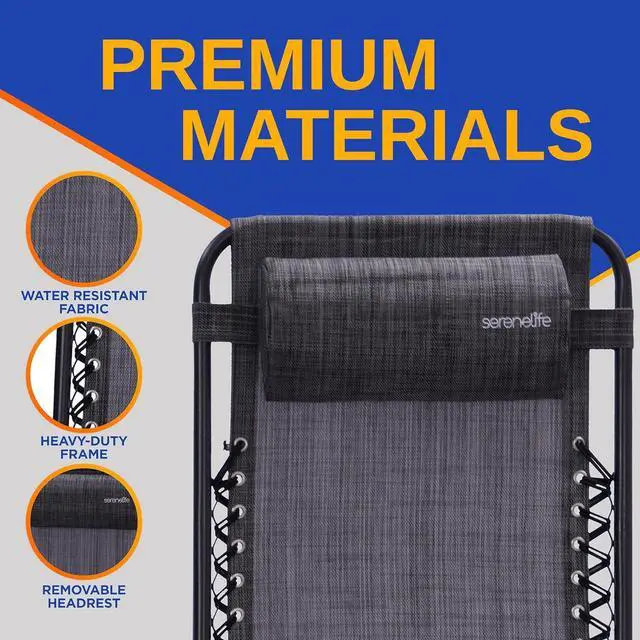 Alt view image 2 of 7 - SereneLife Outdoor Adjustable Zero Gravity Lounge Chair Set with Side Table - Gray - 2-Pack, Padded Headrest, Cup Holders