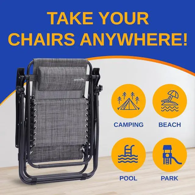 Alt view image 7 of 7 - SereneLife Outdoor Adjustable Zero Gravity Lounge Chair Set with Side Table - Gray - 2-Pack, Padded Headrest, Cup Holders