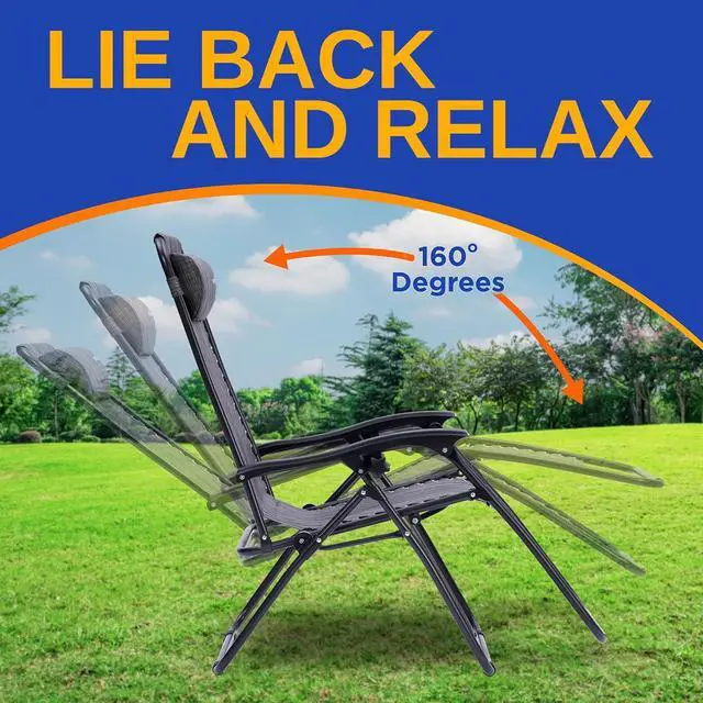 Alt view image 6 of 7 - SereneLife Outdoor Adjustable Zero Gravity Lounge Chair Set with Side Table - Gray - 2-Pack, Padded Headrest, Cup Holders