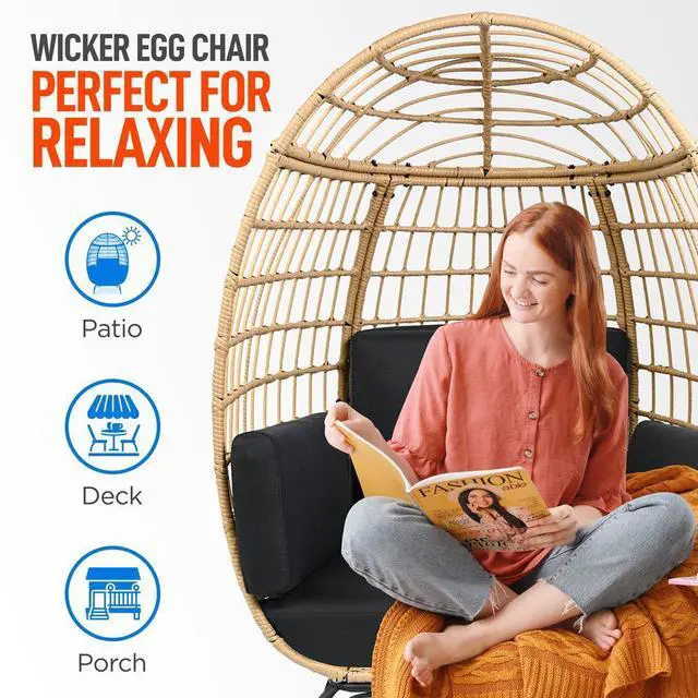 Alt view image 2 of 7 - SereneLife Wicker Rattan Sofa Chair - Indoor/Outdoor Egg Chair for Patio and Living Room - Steel Frame, 4 Cushions - Black