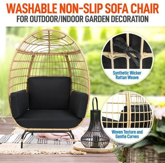 Alt view image 5 of 7 - SereneLife Wicker Rattan Sofa Chair - Indoor/Outdoor Egg Chair for Patio and Living Room - Steel Frame, 4 Cushions - Black