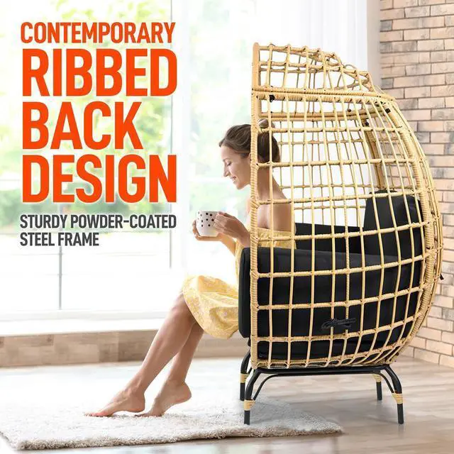 Alt view image 6 of 7 - SereneLife Wicker Rattan Sofa Chair - Indoor/Outdoor Egg Chair for Patio and Living Room - Steel Frame, 4 Cushions - Black