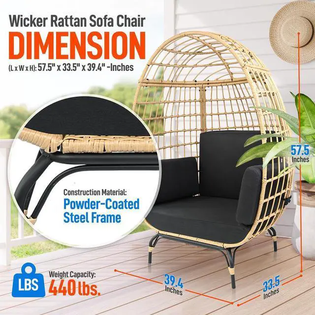 Alt view image 4 of 7 - SereneLife Wicker Rattan Sofa Chair - Indoor/Outdoor Egg Chair for Patio and Living Room - Steel Frame, 4 Cushions - Black
