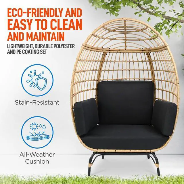 Alt view image 3 of 7 - SereneLife Wicker Rattan Sofa Chair - Indoor/Outdoor Egg Chair for Patio and Living Room - Steel Frame, 4 Cushions - Black