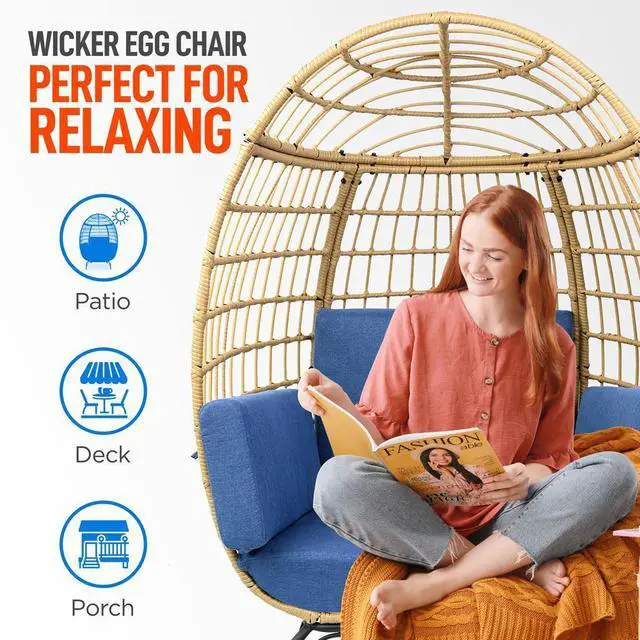 Alt view image 3 of 7 - SereneLife Wicker Rattan Sofa Chair - Indoor/Outdoor Egg Chair for Patio and Living Room - Steel Frame, 4 Cushions - Blue