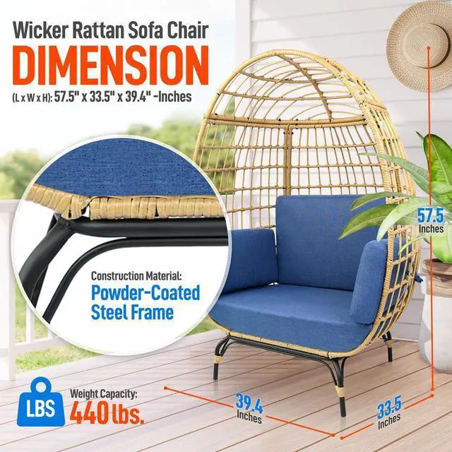 Alt view image 6 of 7 - SereneLife Wicker Rattan Sofa Chair - Indoor/Outdoor Egg Chair for Patio and Living Room - Steel Frame, 4 Cushions - Blue