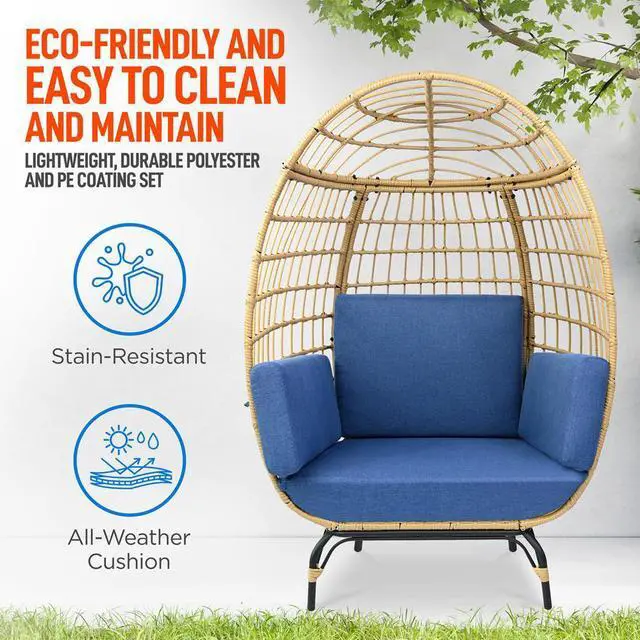 Alt view image 7 of 7 - SereneLife Wicker Rattan Sofa Chair - Indoor/Outdoor Egg Chair for Patio and Living Room - Steel Frame, 4 Cushions - Blue