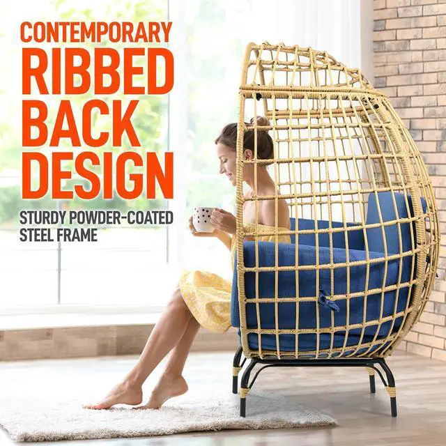 Alt view image 2 of 7 - SereneLife Wicker Rattan Sofa Chair - Indoor/Outdoor Egg Chair for Patio and Living Room - Steel Frame, 4 Cushions - Blue