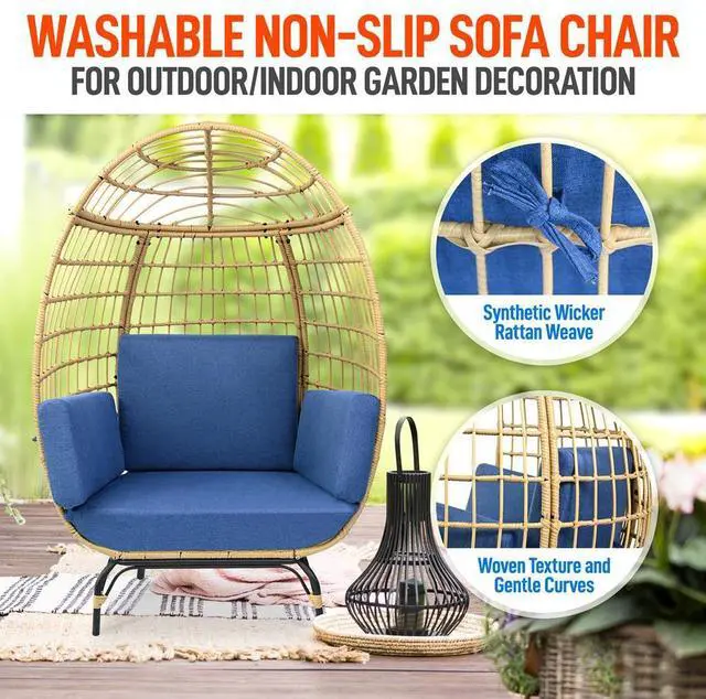 Alt view image 5 of 7 - SereneLife Wicker Rattan Sofa Chair - Indoor/Outdoor Egg Chair for Patio and Living Room - Steel Frame, 4 Cushions - Blue