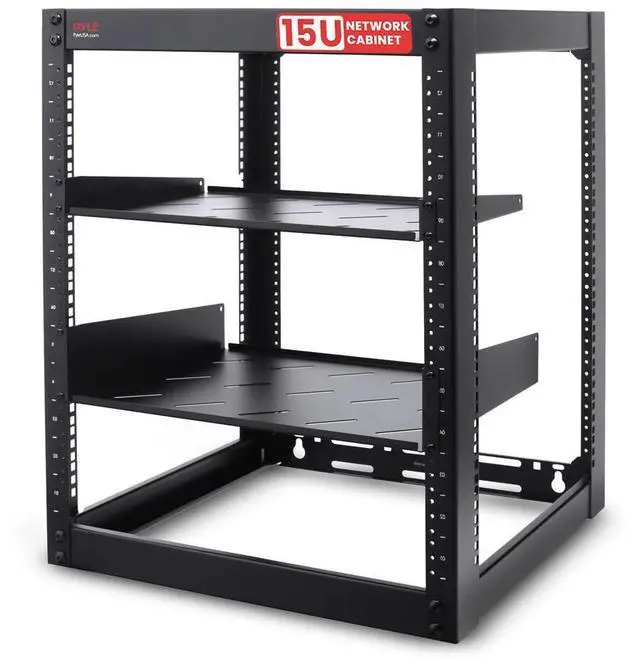 Main image of Pyle 15U Network Cabinet - Open Frame Rack, Wall Mountable Heavy Duty Design for Servers & AV Gear - Black