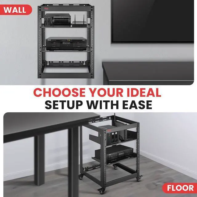 Alt view image 2 of 7 - Pyle 15U Network Cabinet - Open Frame Rack, Wall Mountable Heavy Duty Design for Servers & AV Gear - Black