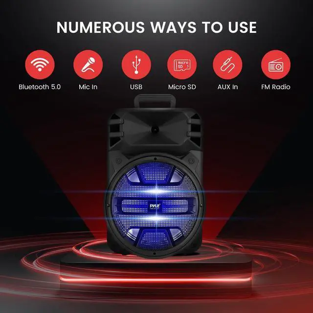 Alt view image 2 of 7 - Pyle 12" Bluetooth PA Speaker System with LED Lights - 800W Rechargeable Portable Karaoke Speaker with USB/FM/Aux/Mic Inputs - PPHP1243B
