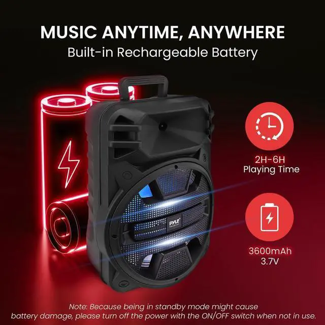Alt view image 4 of 7 - Pyle 12" Bluetooth PA Speaker System with LED Lights - 800W Rechargeable Portable Karaoke Speaker with USB/FM/Aux/Mic Inputs - PPHP1243B