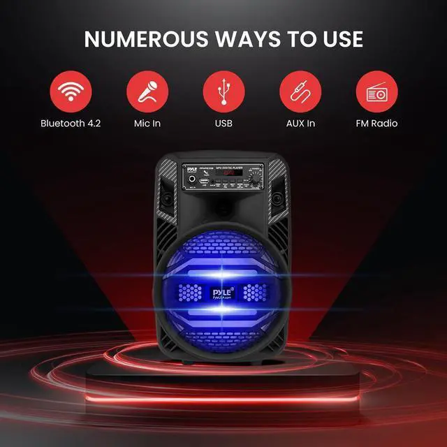 Alt view image 6 of 7 - Pyle 8" Bluetooth Portable PA Speaker with LED Party Lights - 300W Rechargeable Karaoke Speaker with USB/FM/Aux/Mic Inputs - PPHP835B