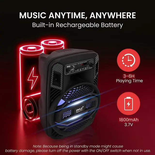 Alt view image 3 of 7 - Pyle 8" Bluetooth Portable PA Speaker with LED Party Lights - 300W Rechargeable Karaoke Speaker with USB/FM/Aux/Mic Inputs - PPHP835B
