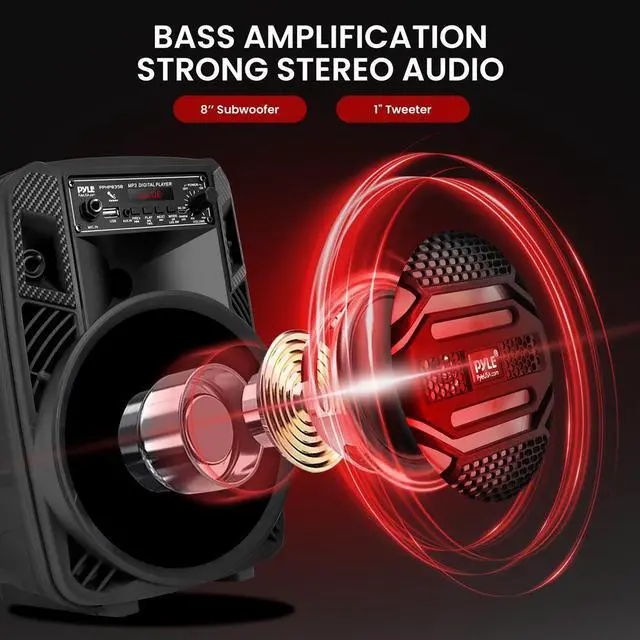 Alt view image 4 of 7 - Pyle 8" Bluetooth Portable PA Speaker with LED Party Lights - 300W Rechargeable Karaoke Speaker with USB/FM/Aux/Mic Inputs - PPHP835B