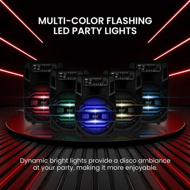 Alt view image 5 of 7 - Pyle 8" Bluetooth Portable PA Speaker with LED Party Lights - 300W Rechargeable Karaoke Speaker with USB/FM/Aux/Mic Inputs - PPHP835B