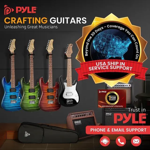 Alt view image 7 of 7 - Pyle 6-String Kids Electric Guitar Kit with 10W Amplifier, Gig Bag & Accessories - Black Glossy Finish - PEGKT30