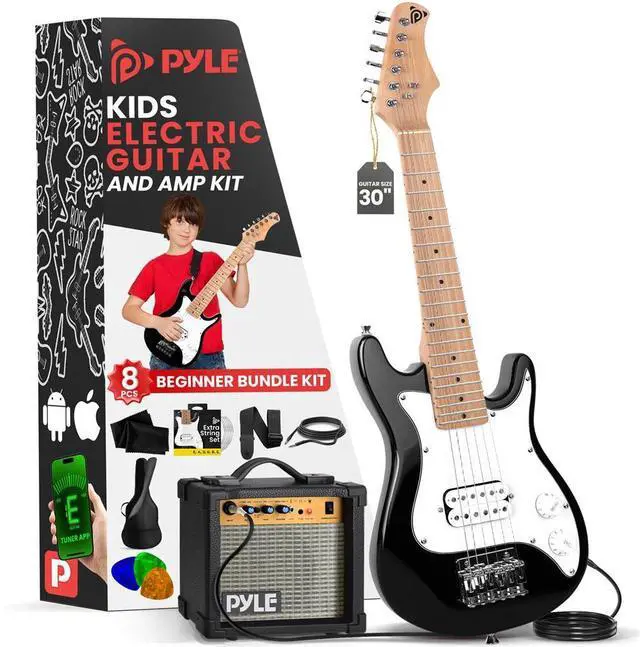 Main image of Pyle 6-String Kids Electric Guitar Kit with 10W Amplifier, Gig Bag & Accessories - Black Glossy Finish - PEGKT30