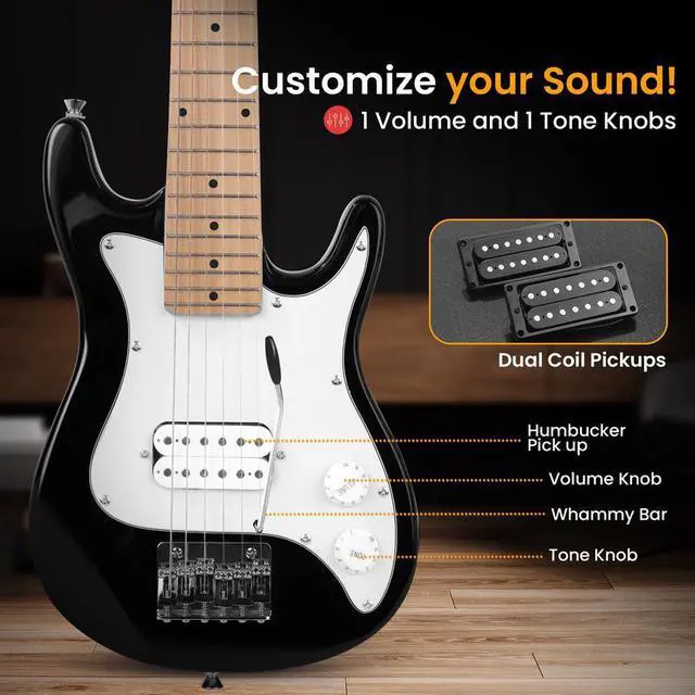 Alt view image 5 of 7 - Pyle 6-String Kids Electric Guitar Kit with 10W Amplifier, Gig Bag & Accessories - Black Glossy Finish - PEGKT30