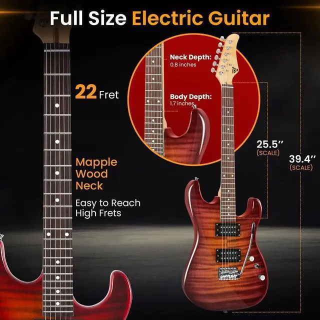 Alt view image 4 of 7 - Pyle 6-String Electric Guitar Kit with 10W Amplifier, Gig Bag & Accessories - Red Glossy Finish - PEGKT99RD