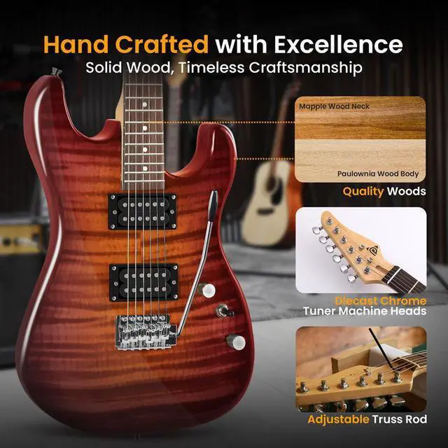 Alt view image 2 of 7 - Pyle 6-String Electric Guitar Kit with 10W Amplifier, Gig Bag & Accessories - Red Glossy Finish - PEGKT99RD
