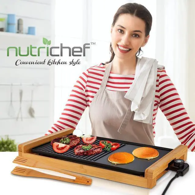 Alt view image 3 of 7 - NutriChef 2-in-1 Smokeless Detachable Electric Bamboo Grill with Non-Stick Surface & Adjustable Temperature - NCEGB50