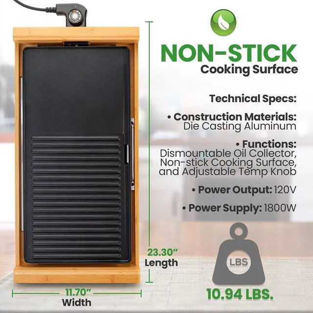 Alt view image 2 of 7 - NutriChef 2-in-1 Smokeless Detachable Electric Bamboo Grill with Non-Stick Surface & Adjustable Temperature - NCEGB50
