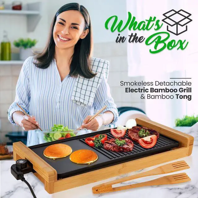 Alt view image 5 of 7 - NutriChef 2-in-1 Smokeless Detachable Electric Bamboo Grill with Non-Stick Surface & Adjustable Temperature - NCEGB50
