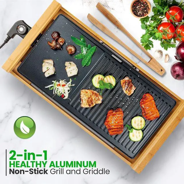 Alt view image 6 of 7 - NutriChef 2-in-1 Smokeless Detachable Electric Bamboo Grill with Non-Stick Surface & Adjustable Temperature - NCEGB50