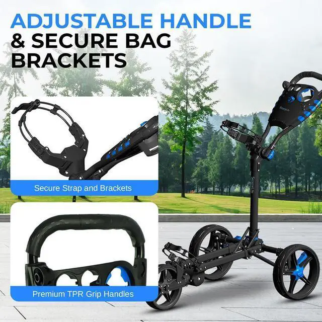 Alt view image 2 of 7 - SereneLife Golf Flat Fold 3-Wheel Push Cart with Deluxe Scorecard Holder, Umbrella Storage & Elastic Strap - SLGCFLW