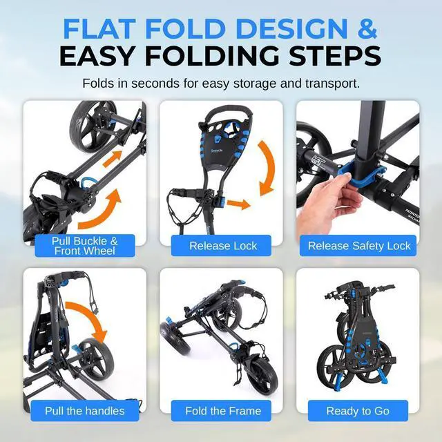Alt view image 7 of 7 - SereneLife Golf Flat Fold 3-Wheel Push Cart with Deluxe Scorecard Holder, Umbrella Storage & Elastic Strap - SLGCFLW