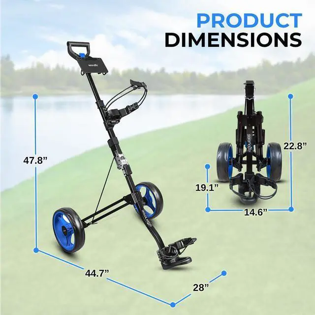 Alt view image 2 of 7 - SereneLife Foldable 2-Wheel Golf Push Cart with Aluminum Frame, Adjustable Handle & Elastic Strap - SLGZX3
