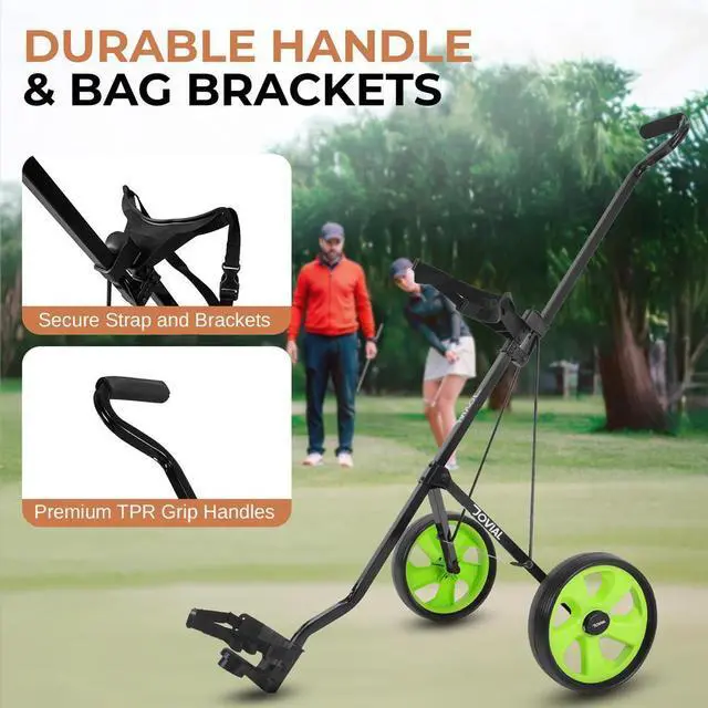 Alt view image 3 of 7 - Jovial Foldable 2-Wheel Golf Pull Cart with Adjustable Handle, Foot Brake & Elastic Strap - JOVGF2W
